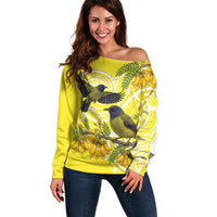 Bellbird New Zealand Off Shoulder Sweater Korimako Kowhai Maori Pattern