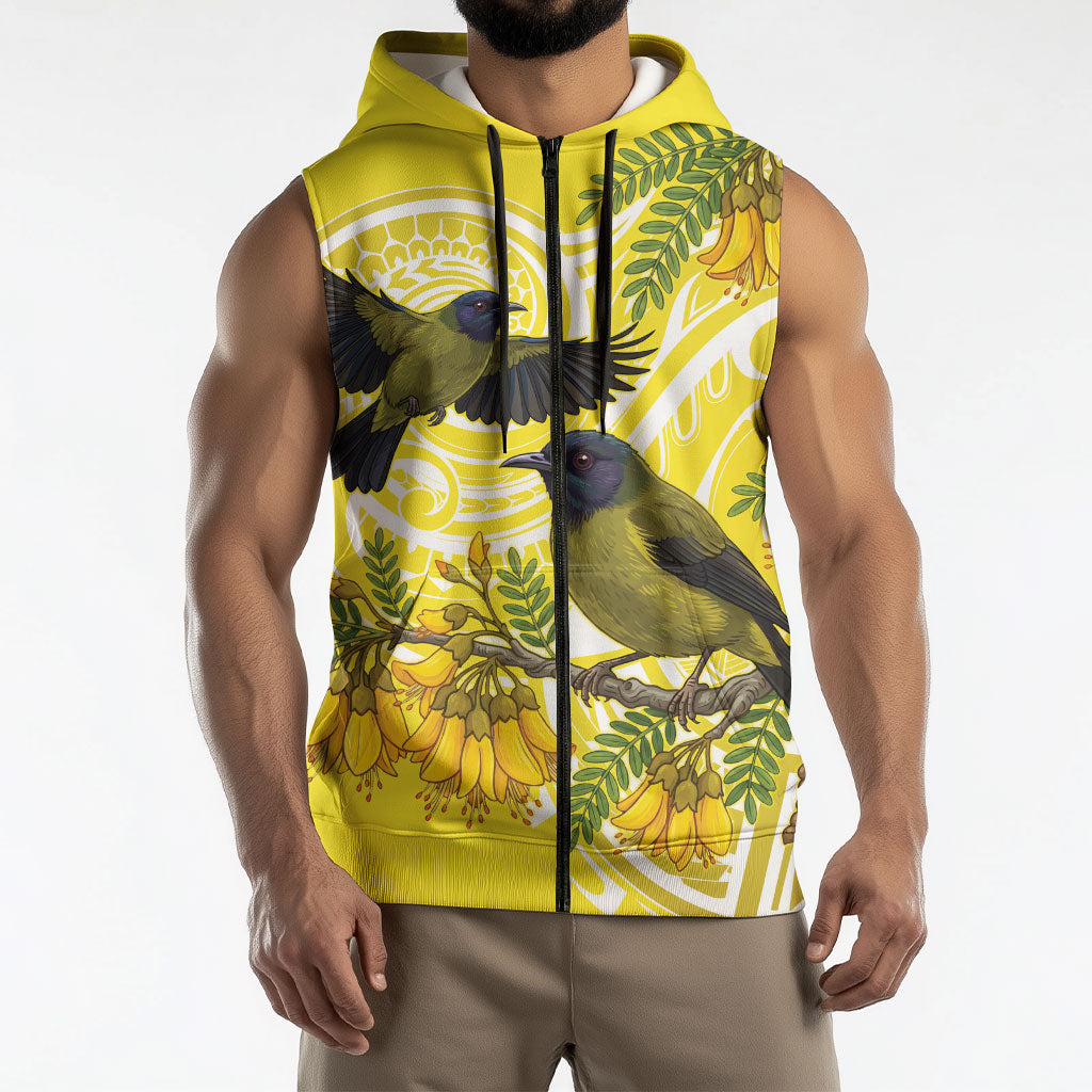 Bellbird New Zealand Sleeveless Zip Hoodie Korimako Kowhai Maori Pattern