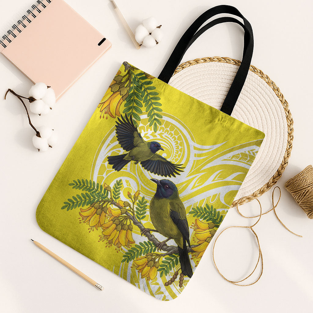 Bellbird New Zealand Tote Bag Korimako Kowhai Maori Pattern
