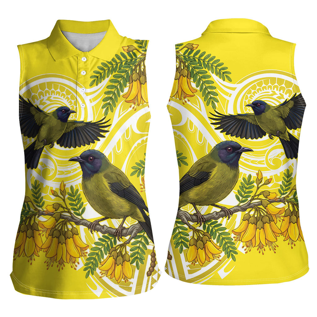 Bellbird New Zealand Women Sleeveless Polo Shirt Korimako Kowhai Maori Pattern LT14 - Polynesian Pride