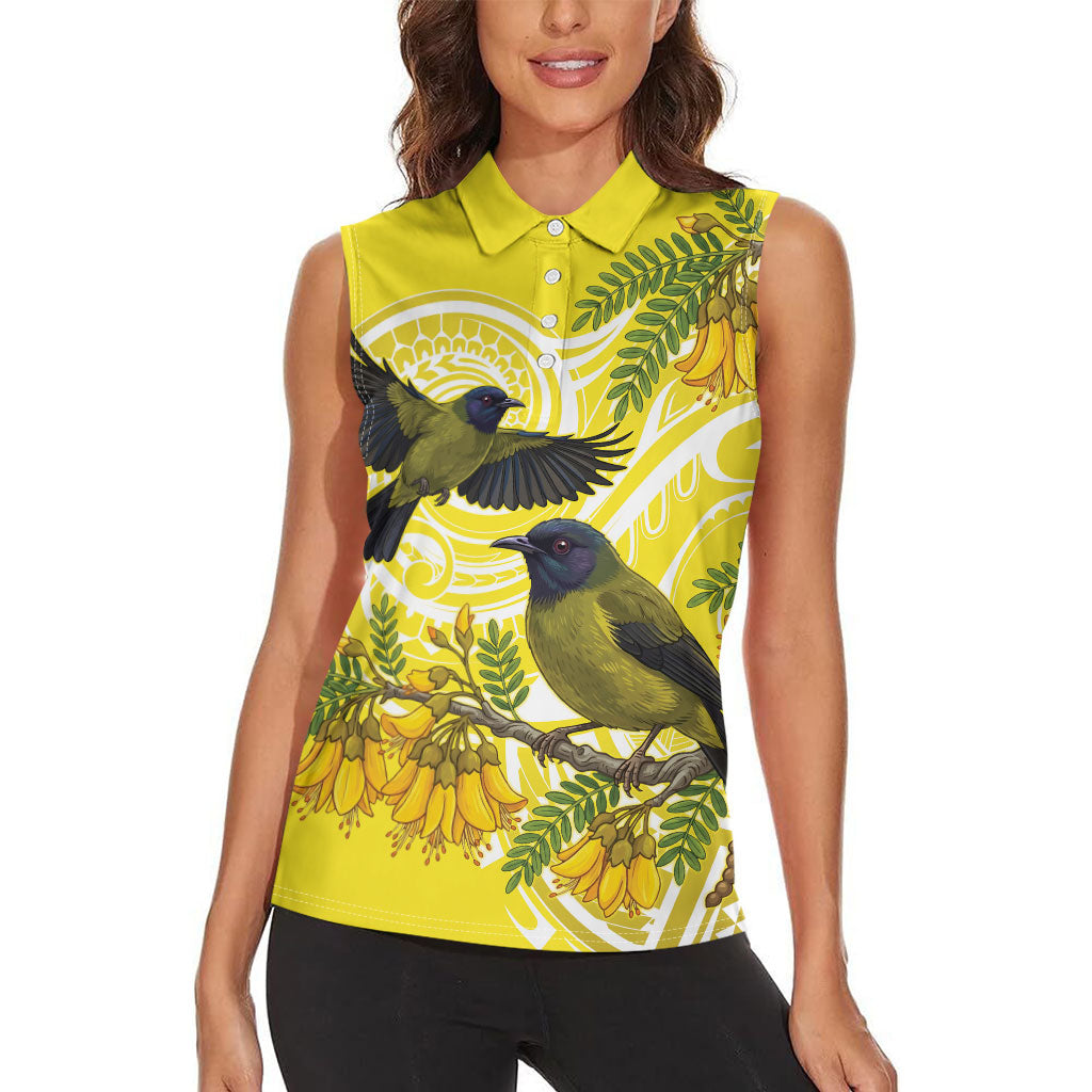 Bellbird New Zealand Women Sleeveless Polo Shirt Korimako Kowhai Maori Pattern LT14 - Polynesian Pride