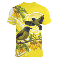 Bellbird New Zealand Women V-Neck T-Shirt Korimako Kowhai Maori Pattern LT14 - Polynesian Pride