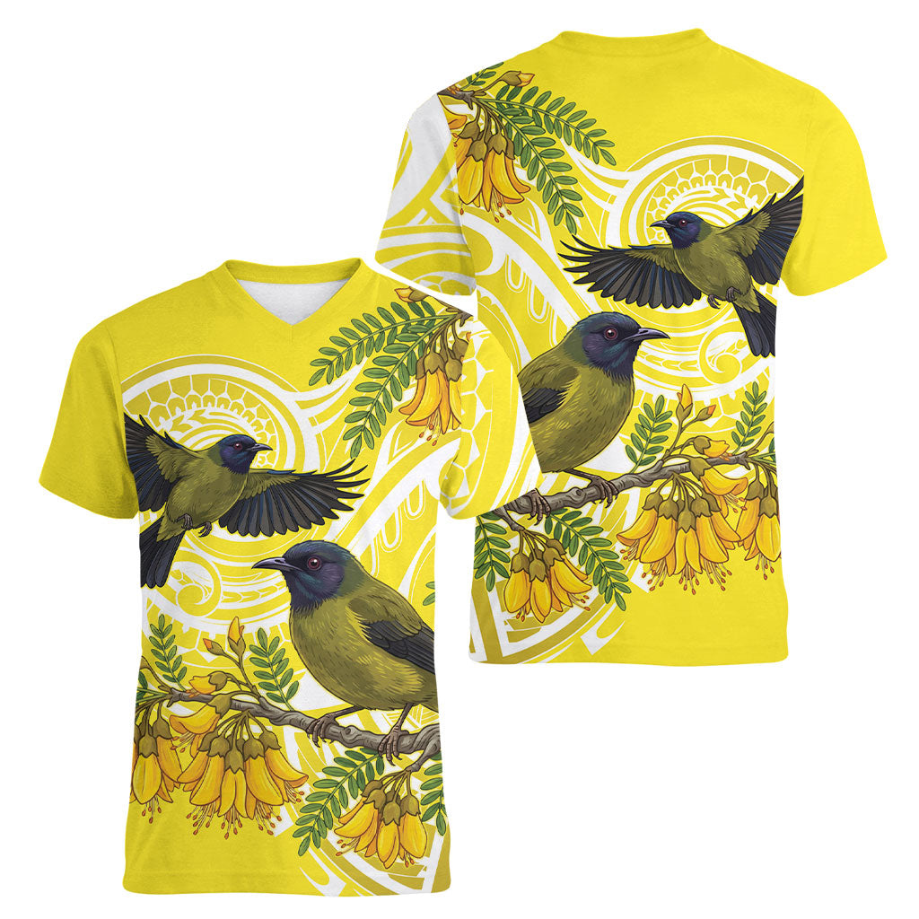 Bellbird New Zealand Women V-Neck T-Shirt Korimako Kowhai Maori Pattern LT14 - Polynesian Pride