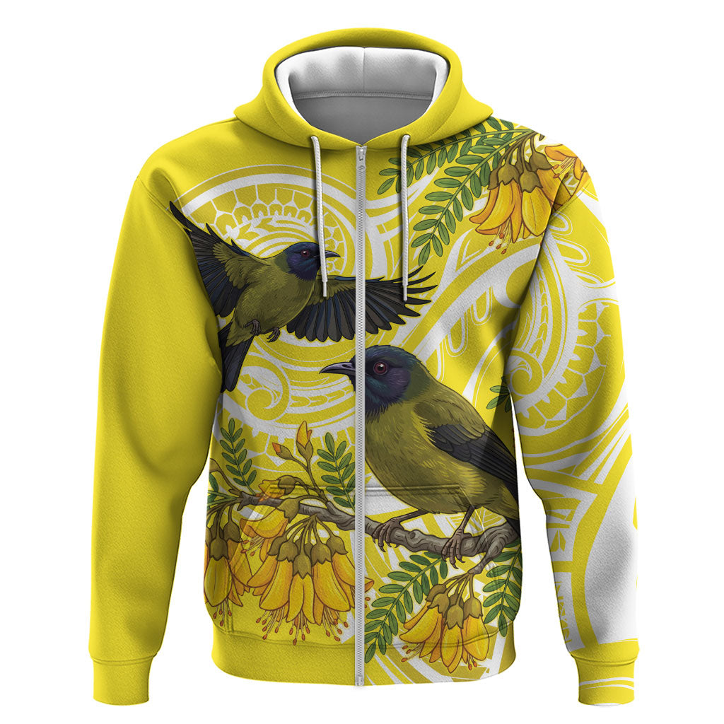 Bellbird New Zealand Zip Hoodie Korimako Kowhai Maori Pattern LT14 Zip Hoodie Yellow - Polynesian Pride
