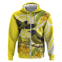 Bellbird New Zealand Zip Hoodie Korimako Kowhai Maori Pattern LT14 Zip Hoodie Yellow - Polynesian Pride