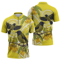 Bellbird New Zealand Zipper Polo Shirt Korimako Kowhai Maori Pattern