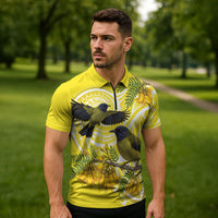 Bellbird New Zealand Zipper Polo Shirt Korimako Kowhai Maori Pattern
