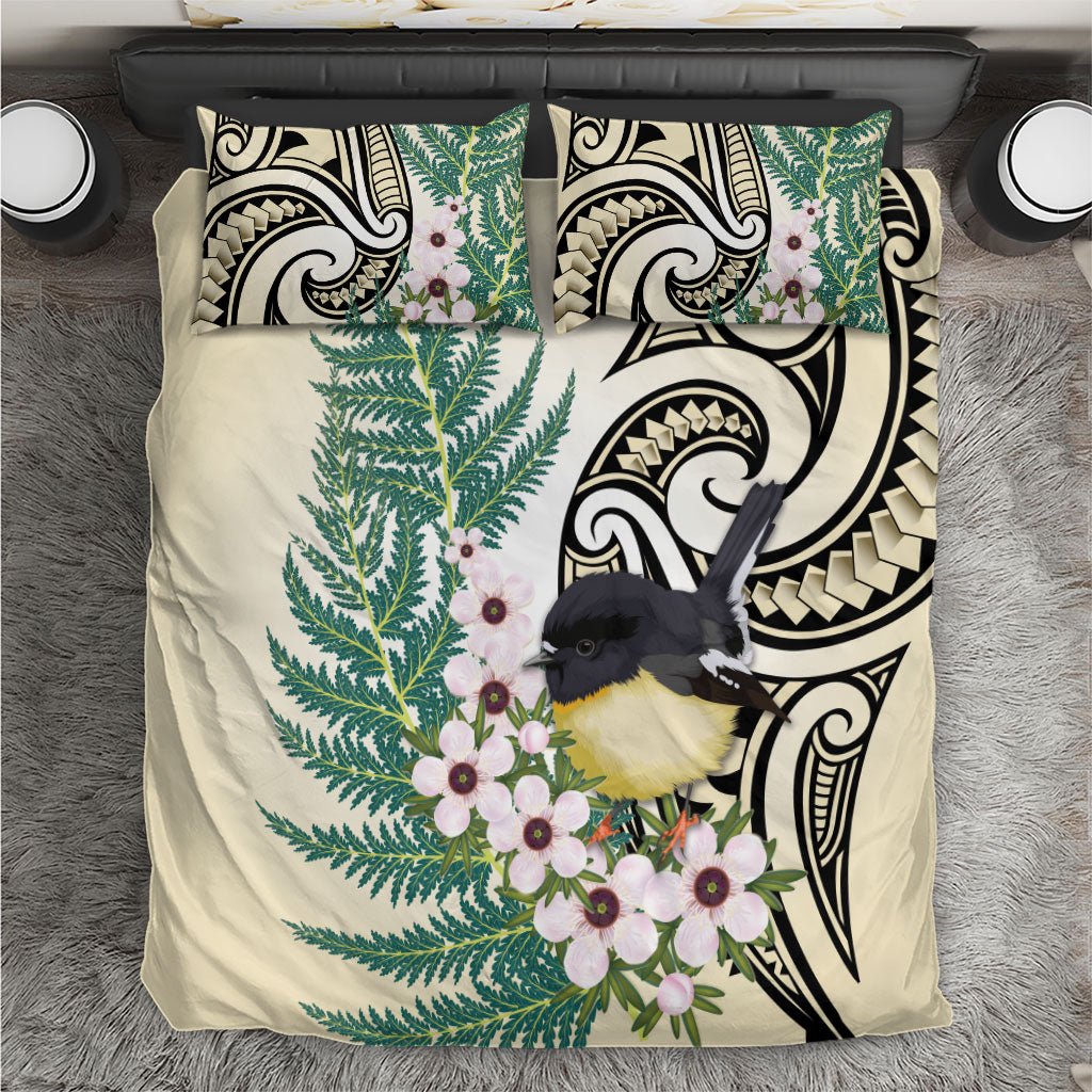 Endemic Tomtit New Zealand Bedding Set Miromiro Manuka Silver Fern Maori Pattern LT14 Cream - Polynesian Pride