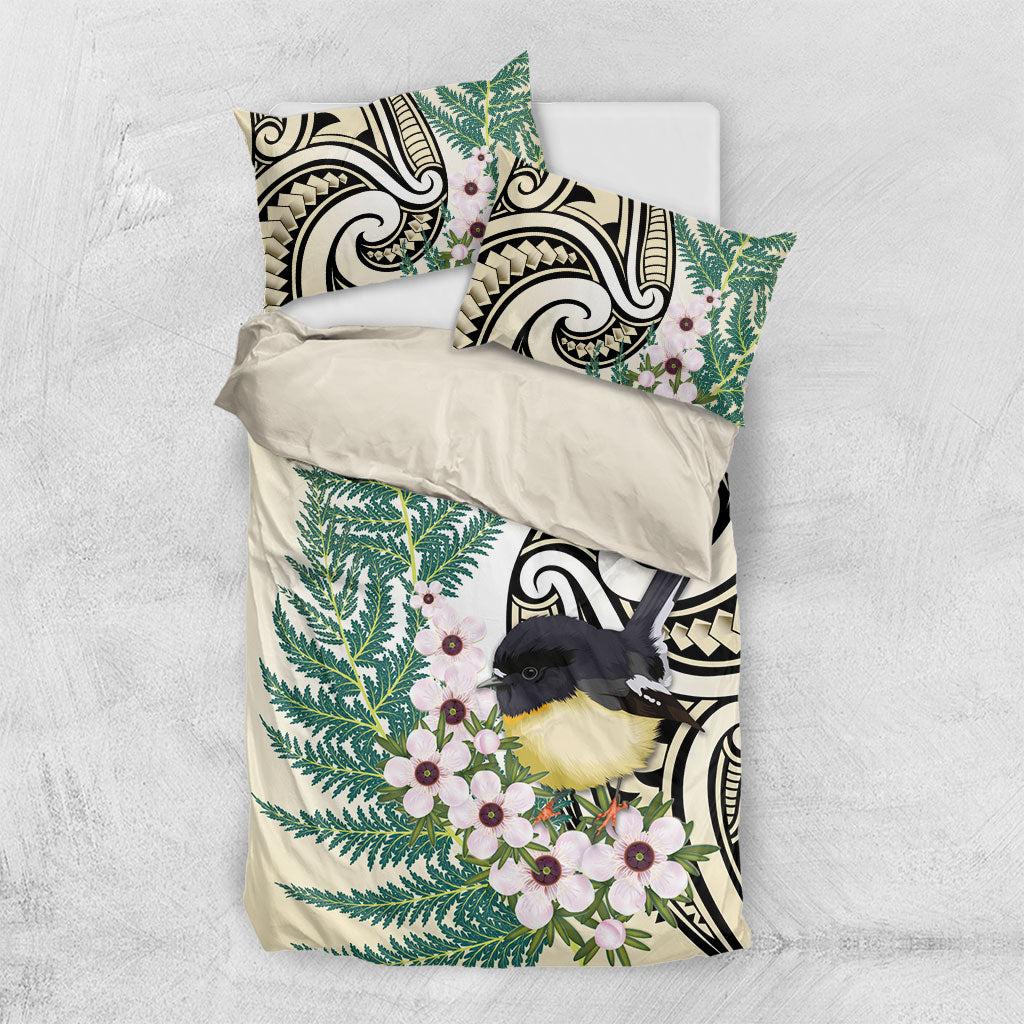Endemic Tomtit New Zealand Bedding Set Miromiro Manuka Silver Fern Maori Pattern LT14 US Twin 172cm x 218cm Cream - Polynesian Pride