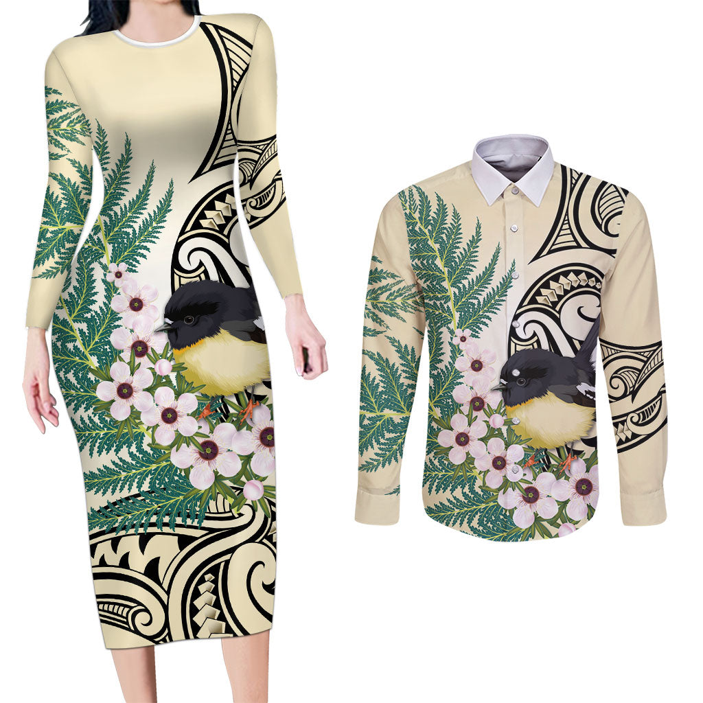 Endemic Tomtit New Zealand Couples Matching Long Sleeve Bodycon Dress and Long Sleeve Button Shirt Miromiro Manuka Silver Fern Maori Pattern LT14 Cream - Polynesian Pride