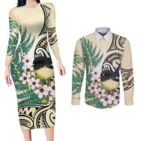 Endemic Tomtit New Zealand Couples Matching Long Sleeve Bodycon Dress and Long Sleeve Button Shirt Miromiro Manuka Silver Fern Maori Pattern LT14 Cream - Polynesian Pride