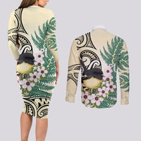 Endemic Tomtit New Zealand Couples Matching Long Sleeve Bodycon Dress and Long Sleeve Button Shirt Miromiro Manuka Silver Fern Maori Pattern LT14 - Polynesian Pride
