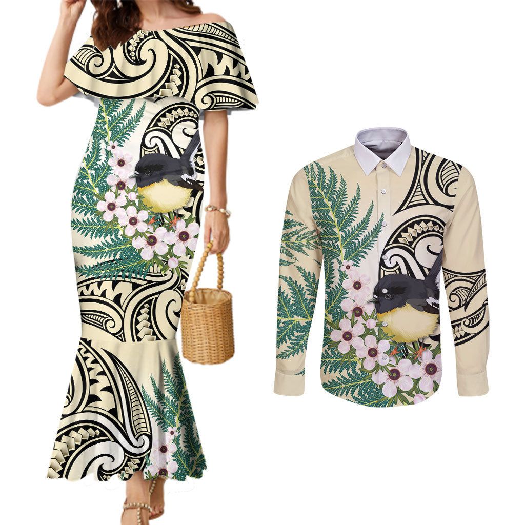 Endemic Tomtit New Zealand Couples Matching Mermaid Dress and Long Sleeve Button Shirt Miromiro Manuka Silver Fern Maori Pattern LT14 Cream - Polynesian Pride