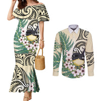 Endemic Tomtit New Zealand Couples Matching Mermaid Dress and Long Sleeve Button Shirt Miromiro Manuka Silver Fern Maori Pattern LT14 Cream - Polynesian Pride