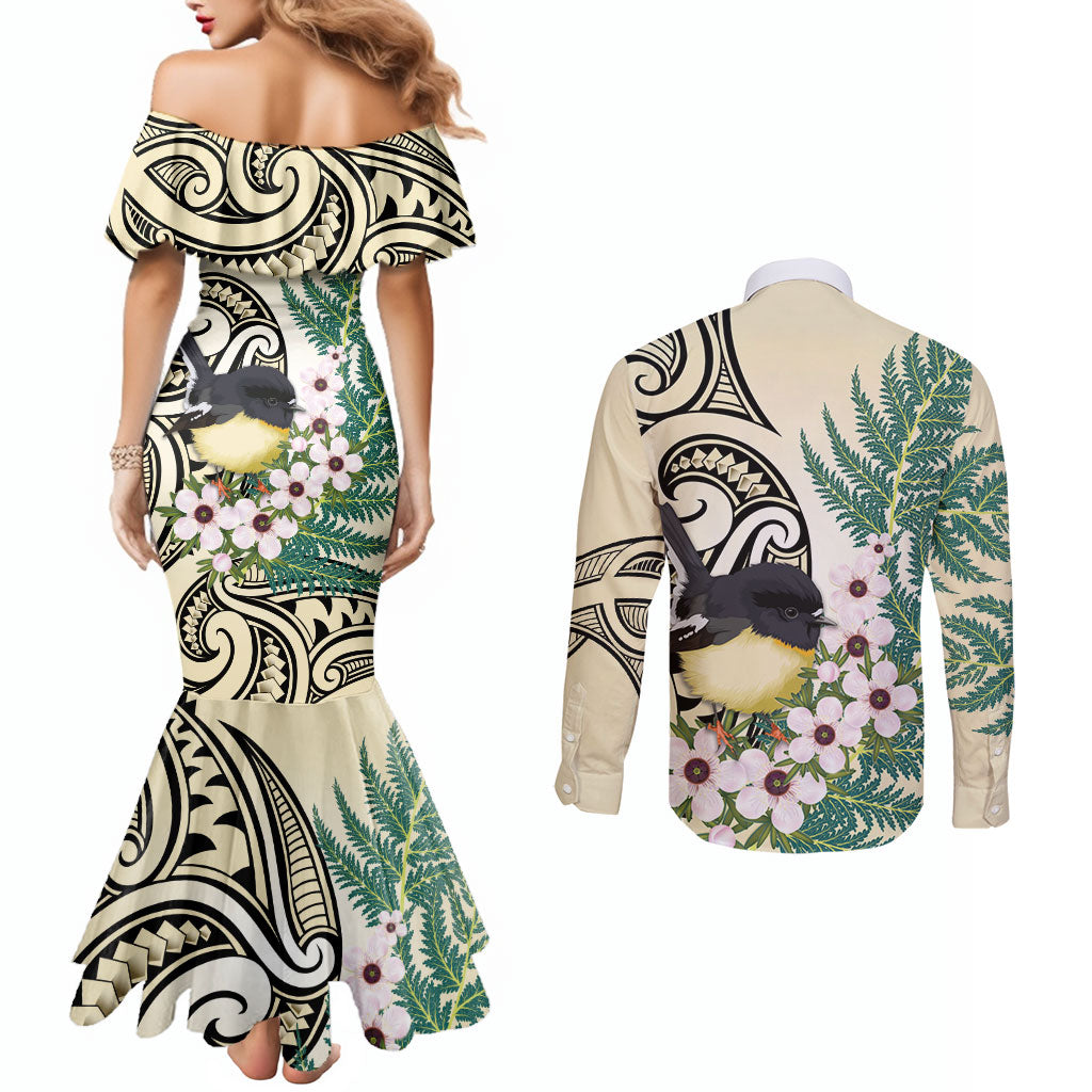 Endemic Tomtit New Zealand Couples Matching Mermaid Dress and Long Sleeve Button Shirt Miromiro Manuka Silver Fern Maori Pattern LT14 - Polynesian Pride