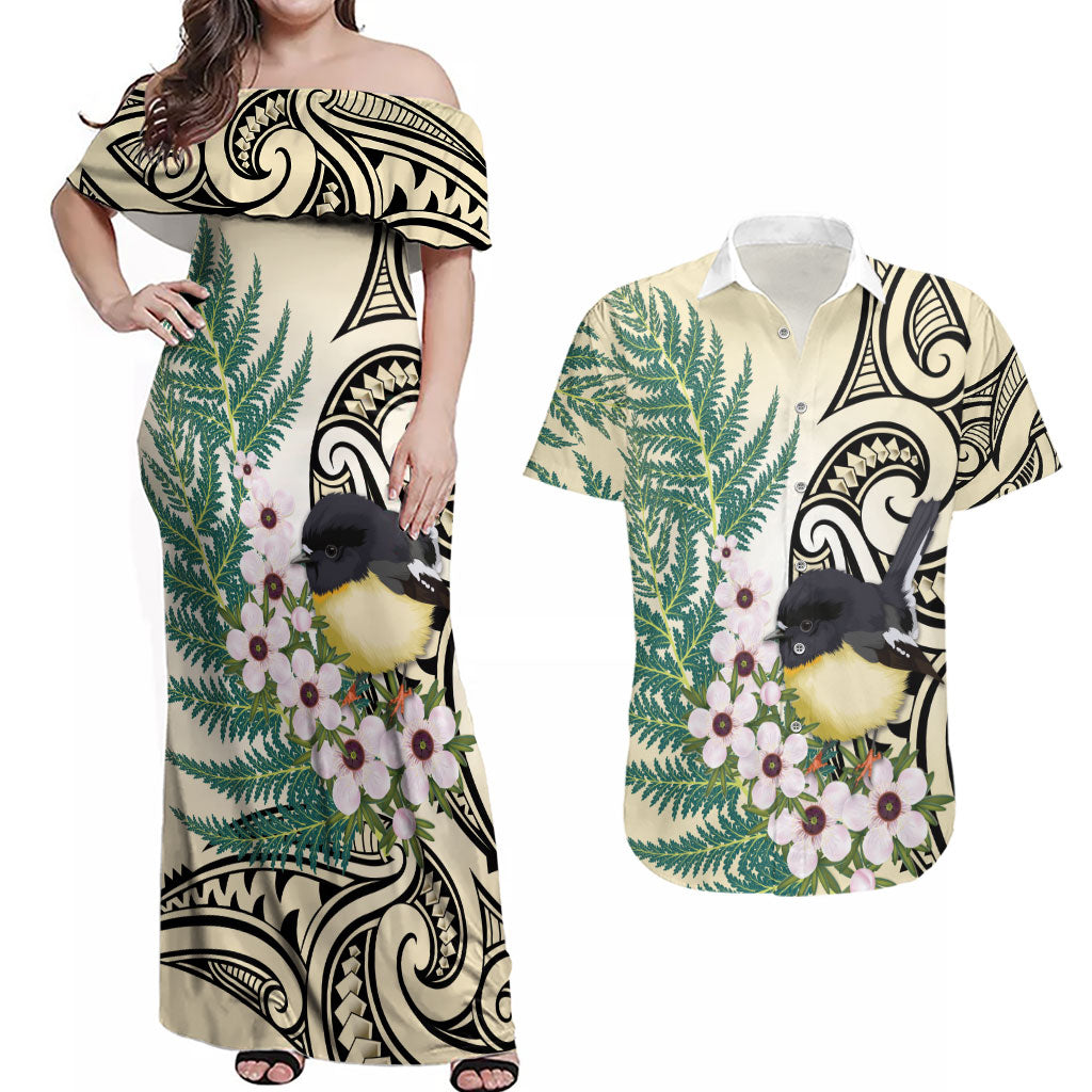 Endemic Tomtit New Zealand Couples Matching Off Shoulder Maxi Dress and Hawaiian Shirt Miromiro Manuka Silver Fern Maori Pattern LT14 Cream - Polynesian Pride