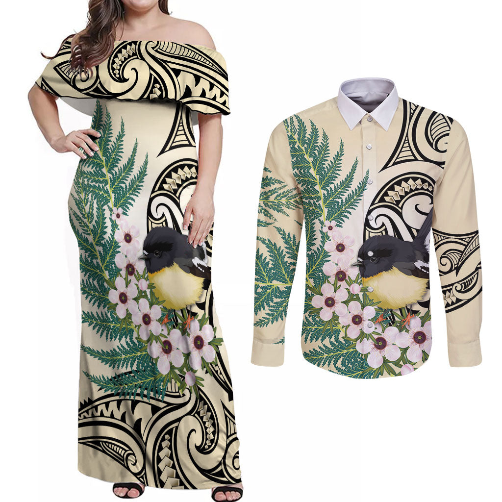 Endemic Tomtit New Zealand Couples Matching Off Shoulder Maxi Dress and Long Sleeve Button Shirt Miromiro Manuka Silver Fern Maori Pattern LT14 Cream - Polynesian Pride