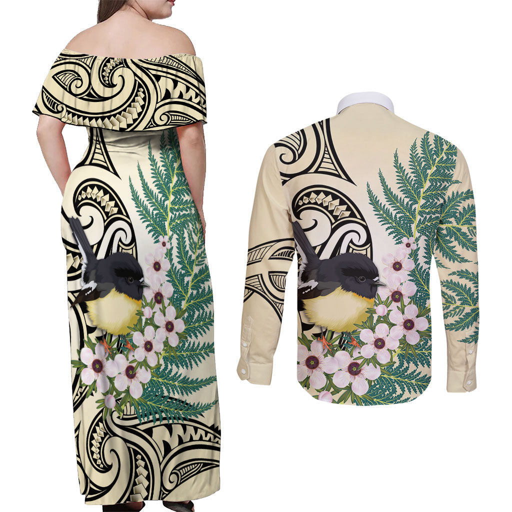 Endemic Tomtit New Zealand Couples Matching Off Shoulder Maxi Dress and Long Sleeve Button Shirt Miromiro Manuka Silver Fern Maori Pattern LT14 - Polynesian Pride