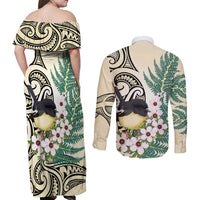 Endemic Tomtit New Zealand Couples Matching Off Shoulder Maxi Dress and Long Sleeve Button Shirt Miromiro Manuka Silver Fern Maori Pattern LT14 - Polynesian Pride