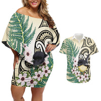 Endemic Tomtit New Zealand Couples Matching Off Shoulder Short Dress and Hawaiian Shirt Miromiro Manuka Silver Fern Maori Pattern LT14 Cream - Polynesian Pride