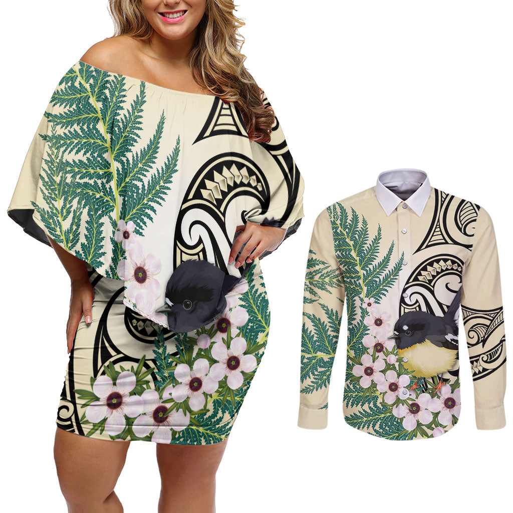 Endemic Tomtit New Zealand Couples Matching Off Shoulder Short Dress and Long Sleeve Button Shirt Miromiro Manuka Silver Fern Maori Pattern LT14 Cream - Polynesian Pride