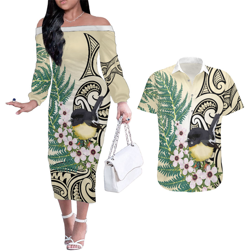 Endemic Tomtit New Zealand Couples Matching Off The Shoulder Long Sleeve Dress and Hawaiian Shirt Miromiro Manuka Silver Fern Maori Pattern