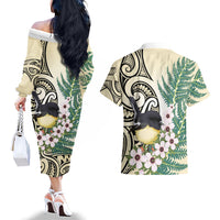 Endemic Tomtit New Zealand Couples Matching Off The Shoulder Long Sleeve Dress and Hawaiian Shirt Miromiro Manuka Silver Fern Maori Pattern LT14 - Polynesian Pride