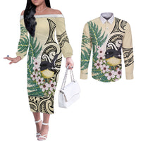 Endemic Tomtit New Zealand Couples Matching Off The Shoulder Long Sleeve Dress and Long Sleeve Button Shirt Miromiro Manuka Silver Fern Maori Pattern LT14 Cream - Polynesian Pride