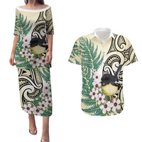 Endemic Tomtit New Zealand Couples Matching Puletasi and Hawaiian Shirt Miromiro Manuka Silver Fern Maori Pattern LT14 Cream - Polynesian Pride