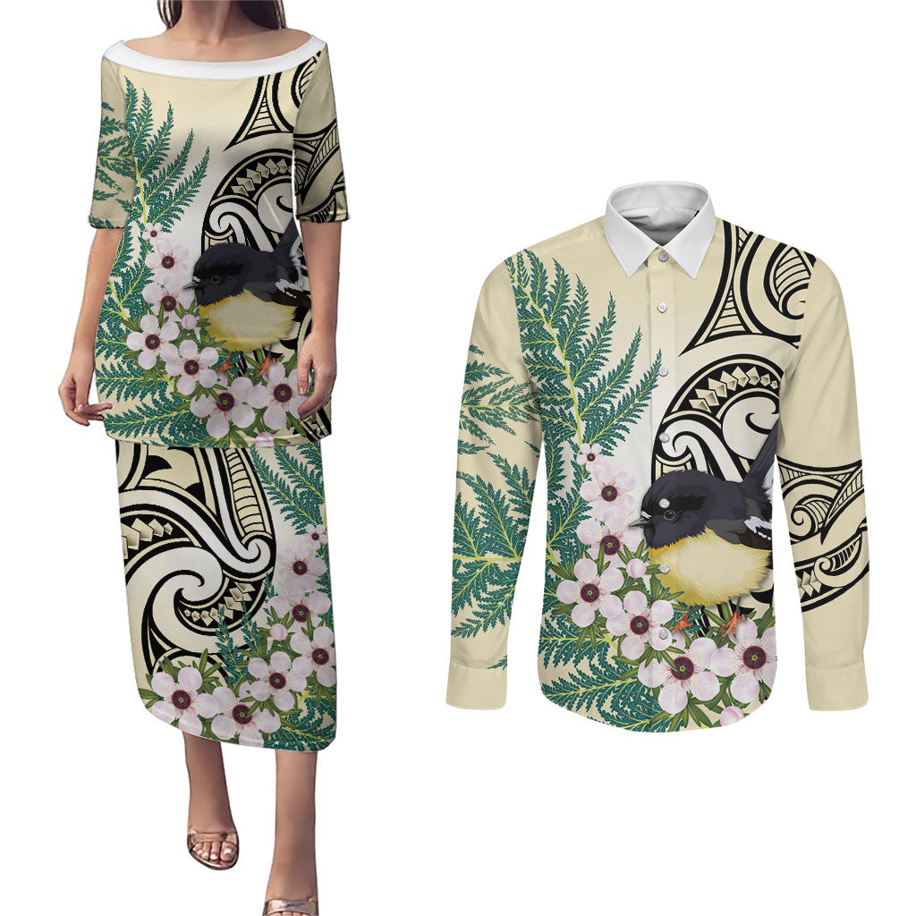 Endemic Tomtit New Zealand Couples Matching Puletasi and Long Sleeve Button Shirt Miromiro Manuka Silver Fern Maori Pattern LT14 Cream - Polynesian Pride