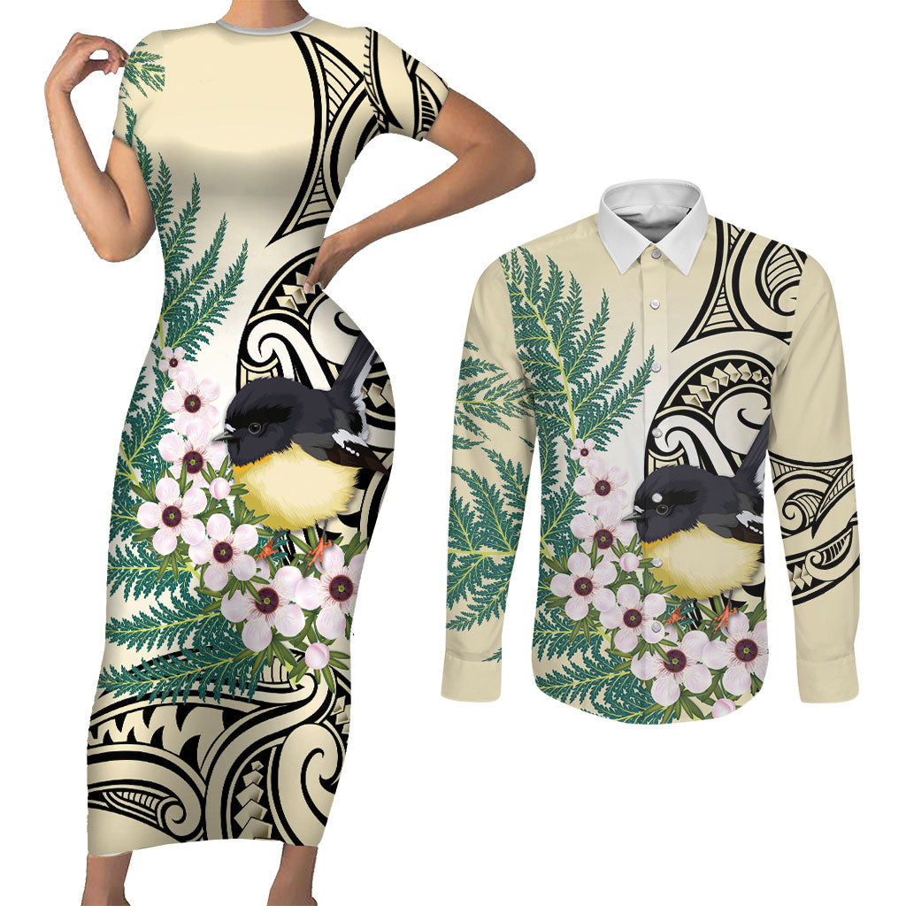 Endemic Tomtit New Zealand Couples Matching Short Sleeve Bodycon Dress and Long Sleeve Button Shirt Miromiro Manuka Silver Fern Maori Pattern LT14 Cream - Polynesian Pride
