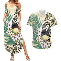 Endemic Tomtit New Zealand Couples Matching Summer Maxi Dress and Hawaiian Shirt Miromiro Manuka Silver Fern Maori Pattern LT14 Cream - Polynesian Pride