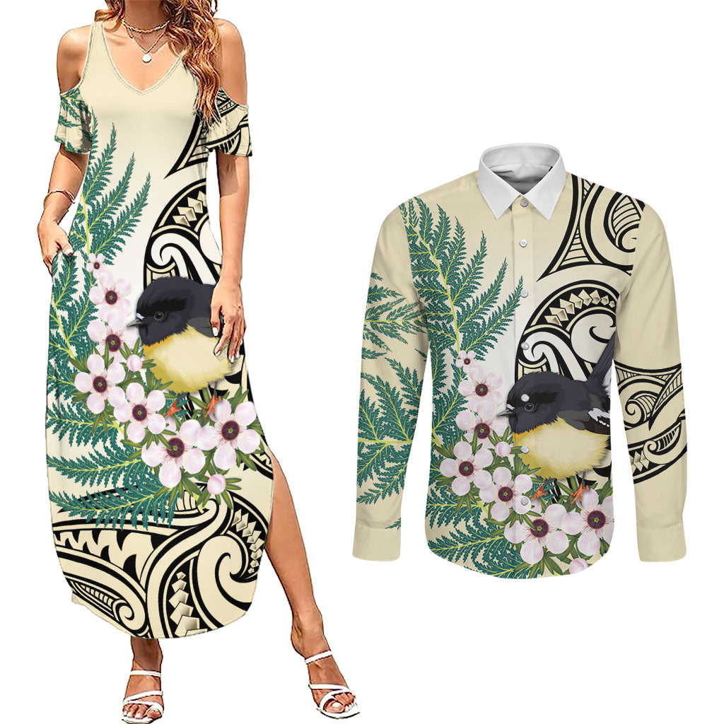 Endemic Tomtit New Zealand Couples Matching Summer Maxi Dress and Long Sleeve Button Shirt Miromiro Manuka Silver Fern Maori Pattern LT14 Cream - Polynesian Pride