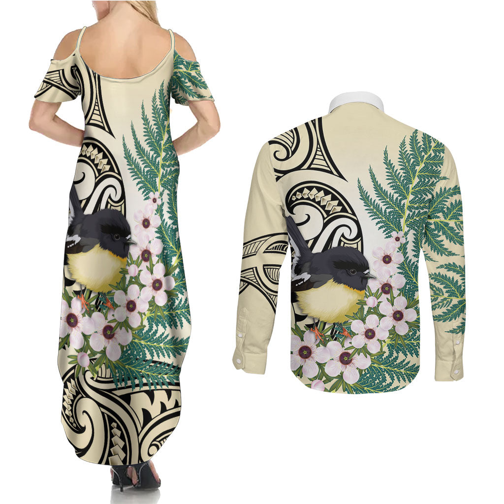 Endemic Tomtit New Zealand Couples Matching Summer Maxi Dress and Long Sleeve Button Shirt Miromiro Manuka Silver Fern Maori Pattern LT14 - Polynesian Pride