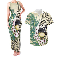 Endemic Tomtit New Zealand Couples Matching Tank Maxi Dress and Hawaiian Shirt Miromiro Manuka Silver Fern Maori Pattern LT14 Cream - Polynesian Pride