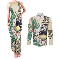Endemic Tomtit New Zealand Couples Matching Tank Maxi Dress and Long Sleeve Button Shirt Miromiro Manuka Silver Fern Maori Pattern LT14 Cream - Polynesian Pride