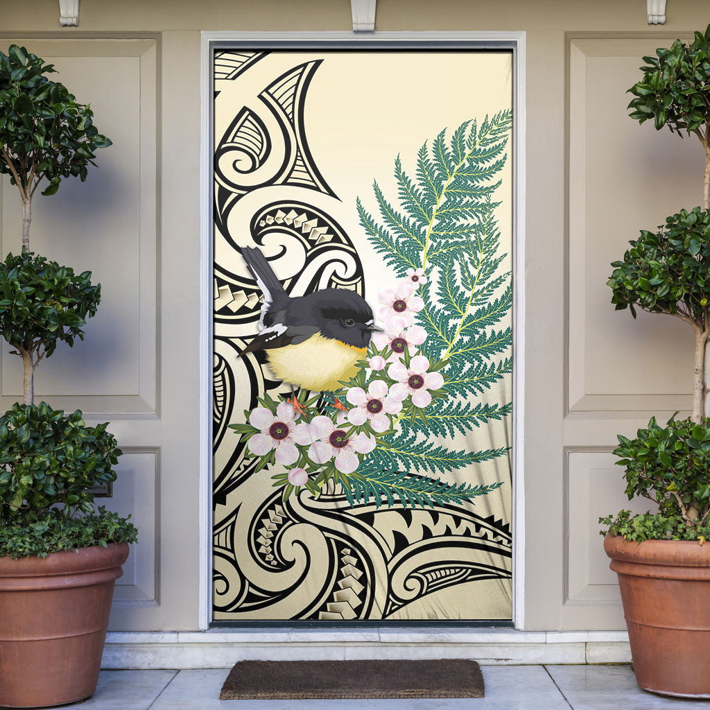 Endemic Tomtit New Zealand Door Cover Miromiro Manuka Silver Fern Maori Pattern