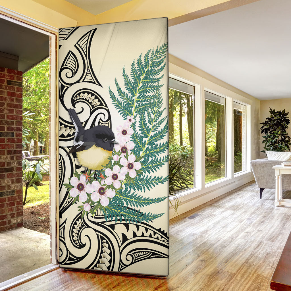 Endemic Tomtit New Zealand Door Cover Miromiro Manuka Silver Fern Maori Pattern