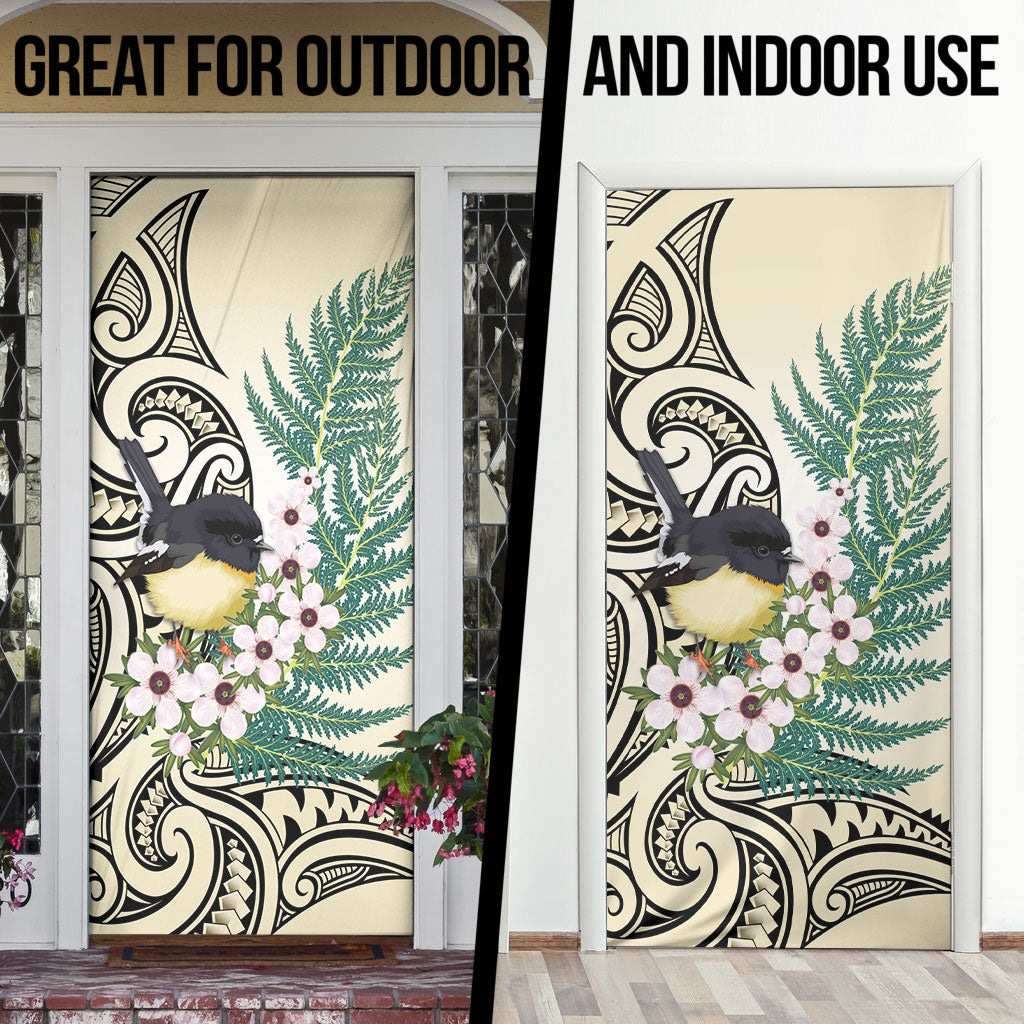 Endemic Tomtit New Zealand Door Cover Miromiro Manuka Silver Fern Maori Pattern
