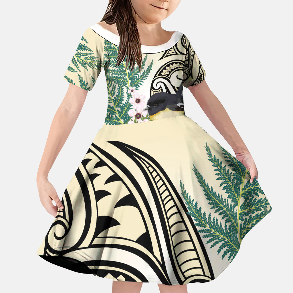 Endemic Tomtit New Zealand Family Matching Mermaid Dress and Hawaiian Shirt Miromiro Manuka Silver Fern Maori Pattern LT14 Daughter's Dress Cream - Polynesian Pride