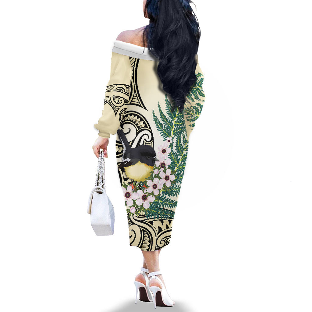 Endemic Tomtit New Zealand Family Matching Off The Shoulder Long Sleeve Dress and Hawaiian Shirt Miromiro Manuka Silver Fern Maori Pattern LT14 - Polynesian Pride