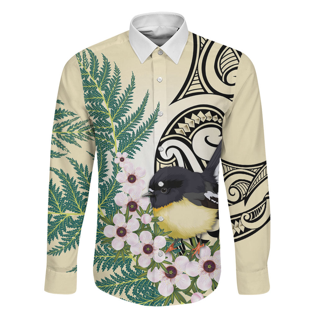 Endemic Tomtit New Zealand Family Matching Off Shoulder Maxi Dress and Hawaiian Shirt Miromiro Manuka Silver Fern Maori Pattern LT14 Dad's Shirt - Long Sleeve Cream - Polynesian Pride