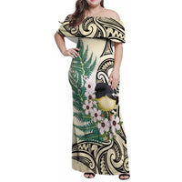 Endemic Tomtit New Zealand Family Matching Off Shoulder Maxi Dress and Hawaiian Shirt Miromiro Manuka Silver Fern Maori Pattern LT14 Mom's Dress Cream - Polynesian Pride
