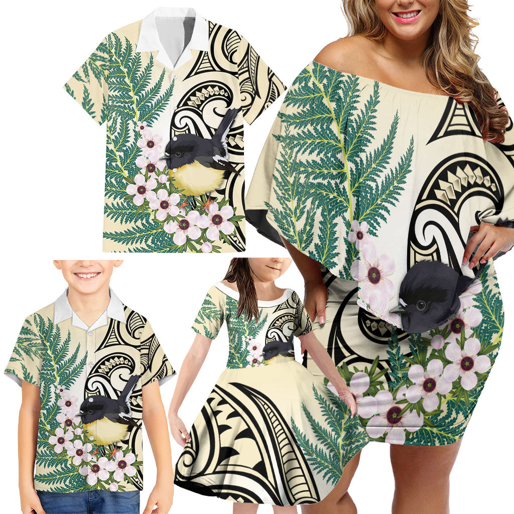 Endemic Tomtit New Zealand Family Matching Off Shoulder Short Dress and Hawaiian Shirt Miromiro Manuka Silver Fern Maori Pattern LT14 - Polynesian Pride