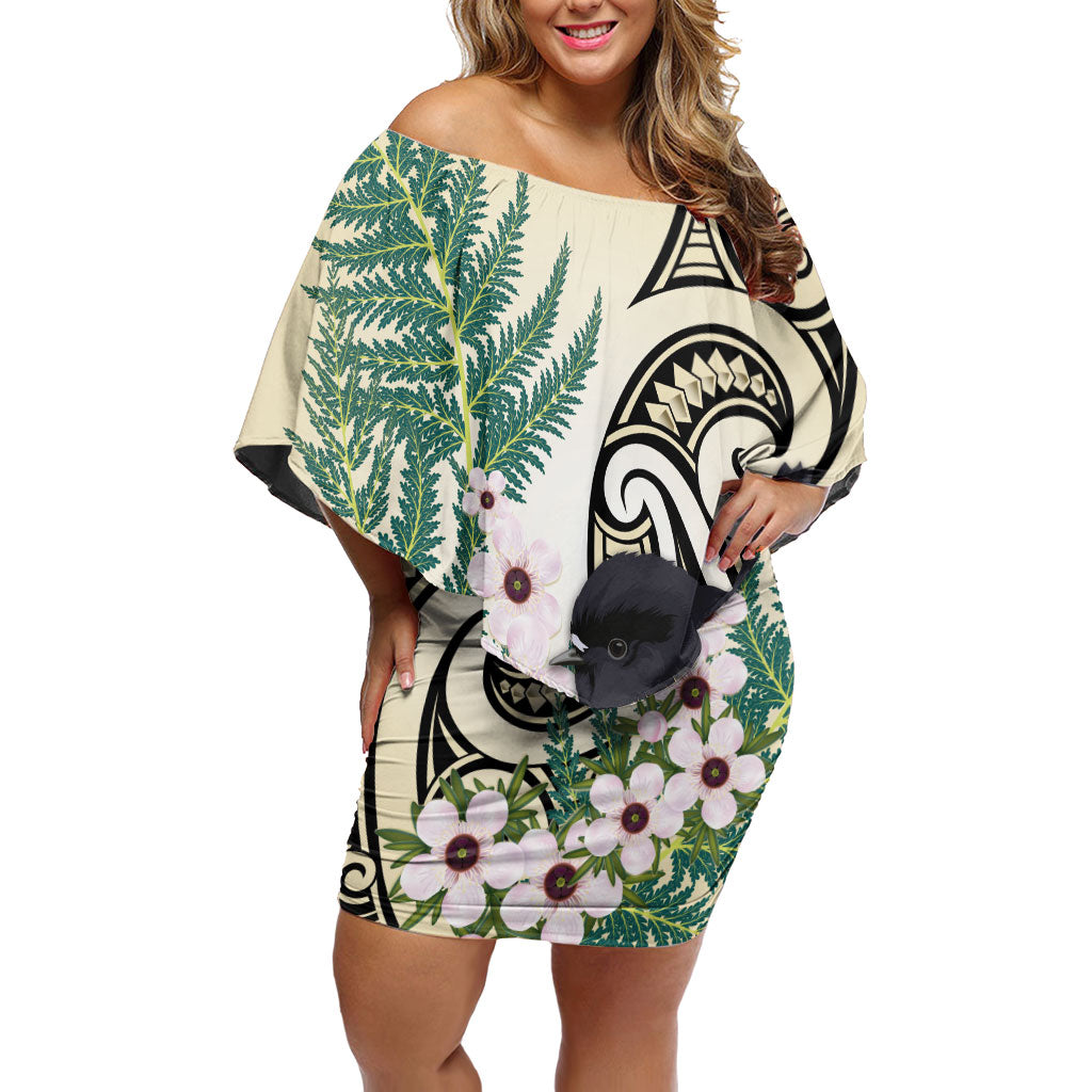 Endemic Tomtit New Zealand Family Matching Off Shoulder Short Dress and Hawaiian Shirt Miromiro Manuka Silver Fern Maori Pattern LT14 Mom's Dress Cream - Polynesian Pride