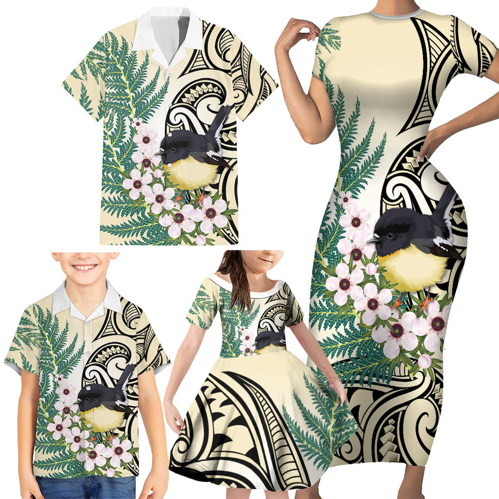 Endemic Tomtit New Zealand Family Matching Short Sleeve Bodycon Dress and Hawaiian Shirt Miromiro Manuka Silver Fern Maori Pattern