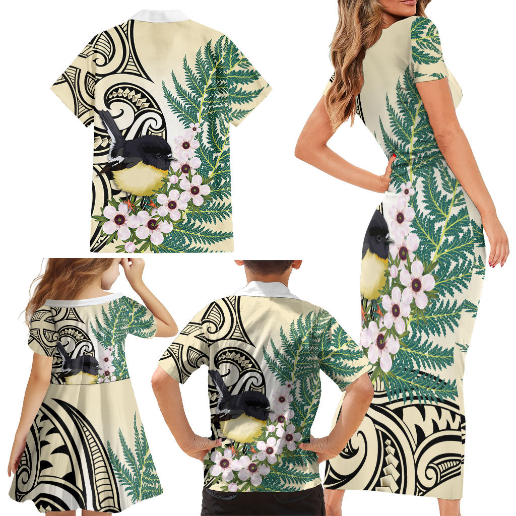 Endemic Tomtit New Zealand Family Matching Short Sleeve Bodycon Dress and Hawaiian Shirt Miromiro Manuka Silver Fern Maori Pattern LT14 - Polynesian Pride