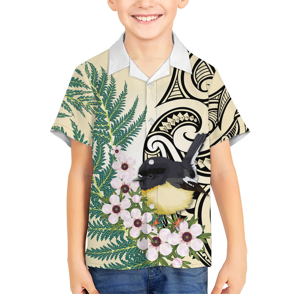 Endemic Tomtit New Zealand Family Matching Short Sleeve Bodycon Dress and Hawaiian Shirt Miromiro Manuka Silver Fern Maori Pattern LT14 Son's Shirt Cream - Polynesian Pride