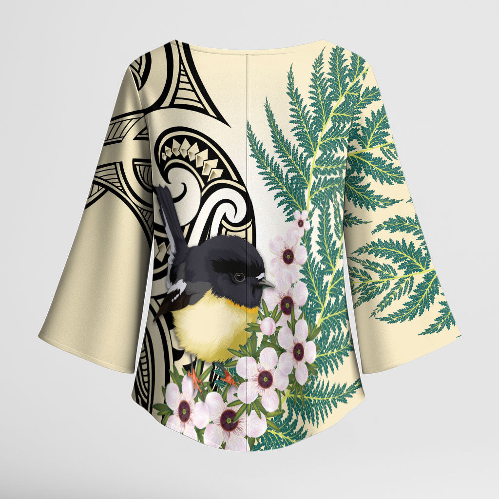 Endemic Tomtit New Zealand Kimono Sleeve Blouse Miromiro Manuka Silver Fern Maori Pattern