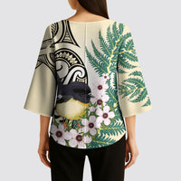 Endemic Tomtit New Zealand Kimono Sleeve Blouse Miromiro Manuka Silver Fern Maori Pattern